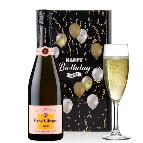 Veuve Clicquot Rose Label 75cl And Flute Happy Birthday Gift Box